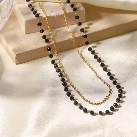 Bohemia Stainless Steel Black Beads Glass Stone Double Layer Bead Chain Necklace for Women