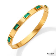 18K Gold Plated Green Cubic Zirconia Bezel Setting Dainty Stainless Steel Bangles for Women as Gift