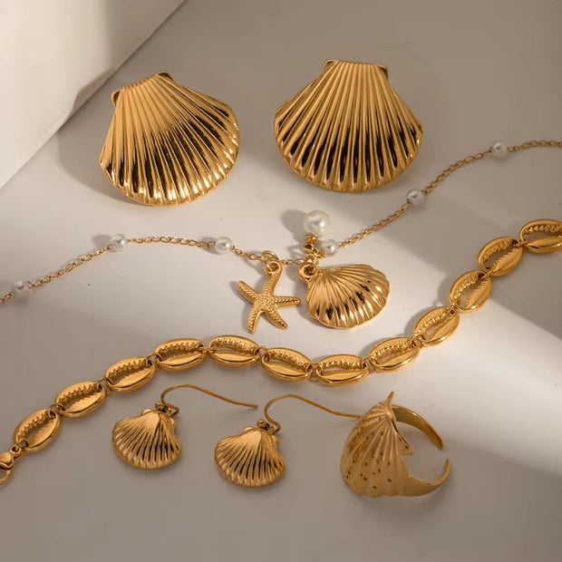 Unique Earrings 18K Gold Plated Stainless Steel Texture Scallop Shell Shape Necklace and Earring Set