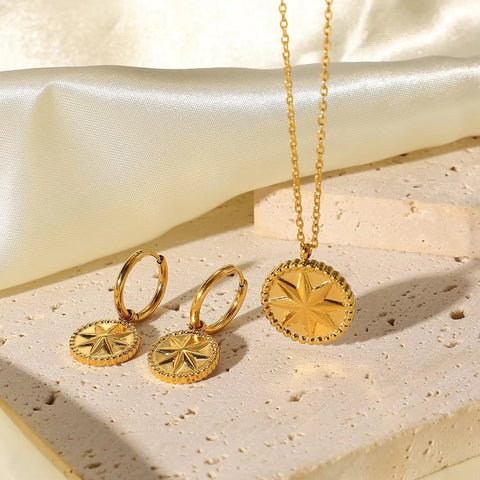 18K Gold Plated Stainless Steel Set Eight Pointed Star Earrings Coin Pendant Necklace