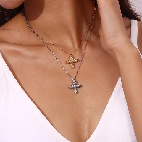 Hammered Cross Necklace 18K Gold Plated Jewelry Waterproof 316L Stainless Steel Titanium Jewelry