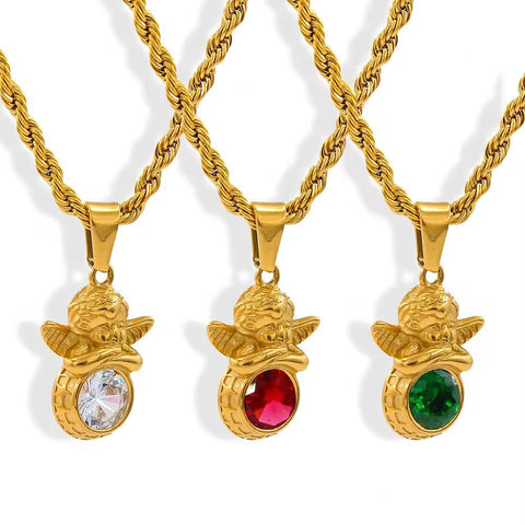 Natural Rainbow 18K PVD Plated Rope Chain Stainless Steel Cubic Zircon Angel Pendant 12 Months Birthstone Necklace