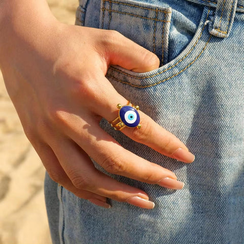 Jewelry 18K Gold Plated Eye Ring Stainless Steel Hollow Layer Blue Enamel Evil Eyes Open Rings