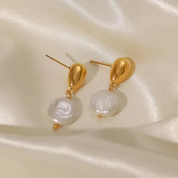 Ins 18K Gold Plated Earring Stainless Steel Natural Freshwater Pearl Pendant Earrings for Women