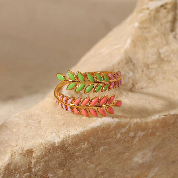 Dainty 18K Gold Plated Stainless Steel Creative Leaf Branch Shape Enameled Adjustable Rings