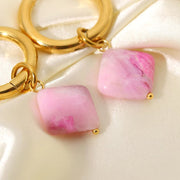 18K Gold Double Plated Pink Rhombus Natural Stone Pendant Stainless Steel Huggie Earrings for Women