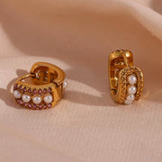 Fashion Jewelry 2023 Crystal Pink Zircon Pearl Earring PVD Gold Plated Huggie Hoop Earrings Stainless Steel Jewelry