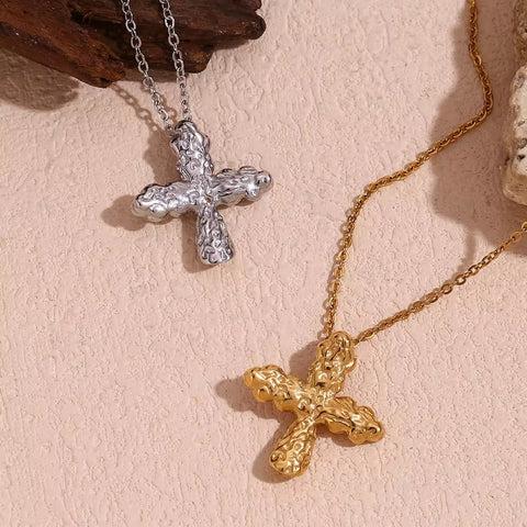 Hammered Cross Necklace 18K Gold Plated Jewelry Waterproof 316L Stainless Steel Titanium Jewelry