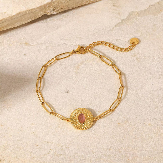 Pink Oval Stone round Bracelet 18K Gold Cross Paperclip Chain Tarnish Free Jewelry Bracelet for Women