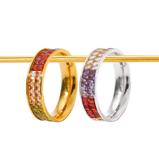 Classic Hot Sell Double Layer Square Crystal Pave Multicolor Stainless Steel Ring Colorful Diamond Rings Jewelry Wome