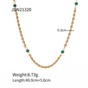 Geometric round Bead Chain Necklace Stainless Steel Rope Chain Green Malachite Bead Necklace