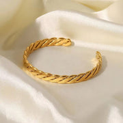 Waterproof Simple Stainless Steel Oval Cubic Zircon Gold Open Cuff Bracelet Bangle for Girls