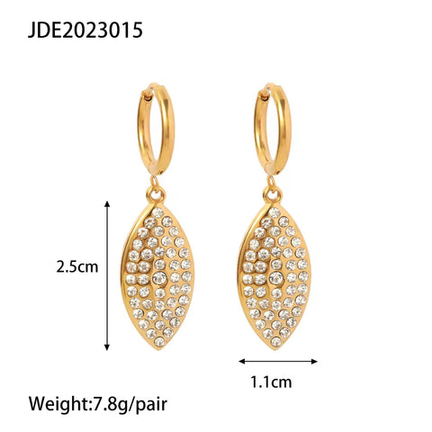 Leaf Shape Shiny Cubic Zircon Non Tarnish 18K Gold Plated Stainless Steel Pendant Earrings Women