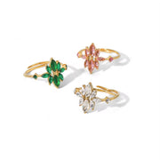 18K Gold Plated Thin Flower Zircon Finger Ring Stainless Steel Green CZ Zircon Adjustable Ring