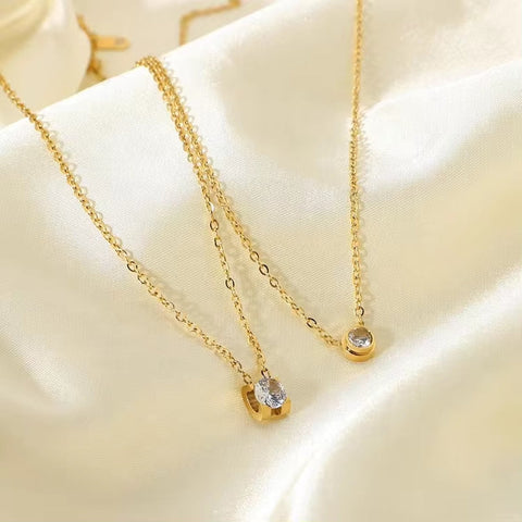 18K Gold Plated Stainless Steel Simple round Cubic Zirconia Dainty Design Pendant Necklace