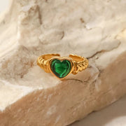 18K Gold Plated Stainless Steel Uneven Surface Heart Shape Green Cubic Zirconia Opening Rings