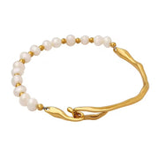 Designs Women Jewelry 18K Gold Plated Stainless Steel Beaded Fresh Water Pearl Bangle Bracelet for Women