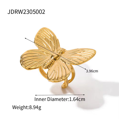 2023 New Trend 18K Gold Plated Butterfly Series Chunky Stainless Steel Open Rings Fashion Jewelry