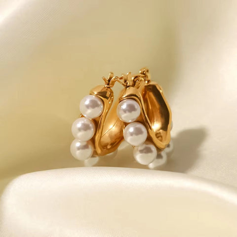 18K Gold Plated Silver Plated Stainless Steel White Pearl U Shape Large Hoop Earrings Jewelry