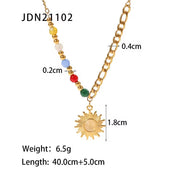 New Stainless Steel 18K Gold Half Color Bead Chain Half Figaro Chain Natural Opal Stone Sun Pendant Necklace