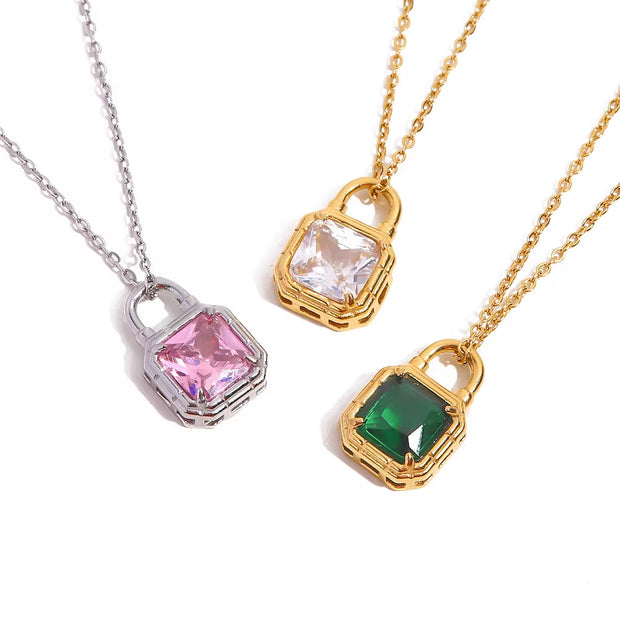 Lovely Jewelry Stainless Steel Lock Shape Green Cubic Zirconia Lock Pendant Necklace for Women