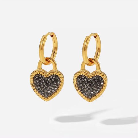 INS Trendy Stainless Steel 18K Gold Plated Earrings Girls Black Cubic Zirconia Heart Hoop Earrings for Women