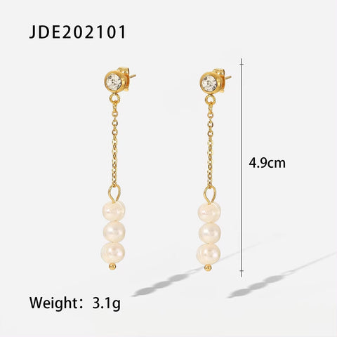 14K Gold Plated Stainless Steel Jewelry Gift Waterproof Cubic Zirconia Long Chain Pearl Earrings