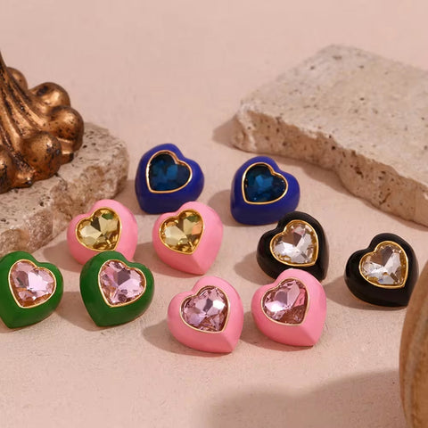 Spring Fashion Colorful Earrings Women Shining Heart Zircon Stud Earrings Gold Plated Stainless Steel Jewelry