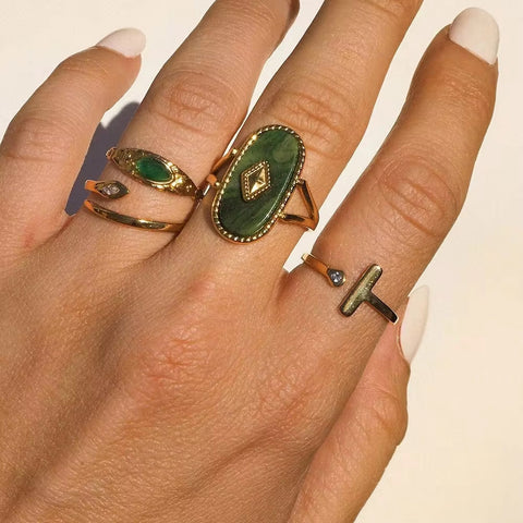 Vintage Stainless Steel 18K Gold Plated Cubic Zirconia Snake Jewelry Natural African Stone Malachite Malachite Opening Rings