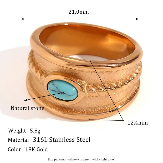 Vintage Engraved Natural Stone Statement Ring 18K Gold Plated Stainless Steel Signet Ring