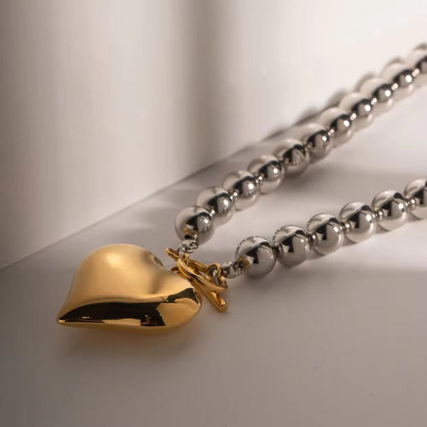 Stainless Steel Chunky Heart Shape Beaded Necklace Chain Fashion Jewelry for Women