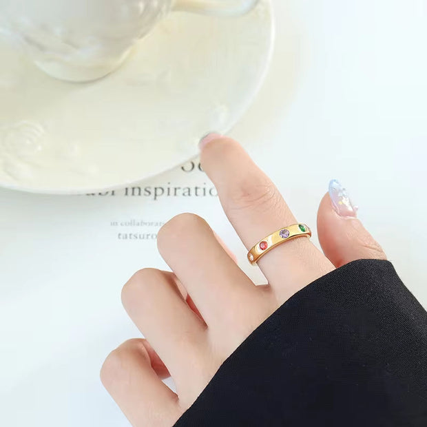 Stainless Steel 18K Gold Plated Colorful Zircon Personality Ring for Women