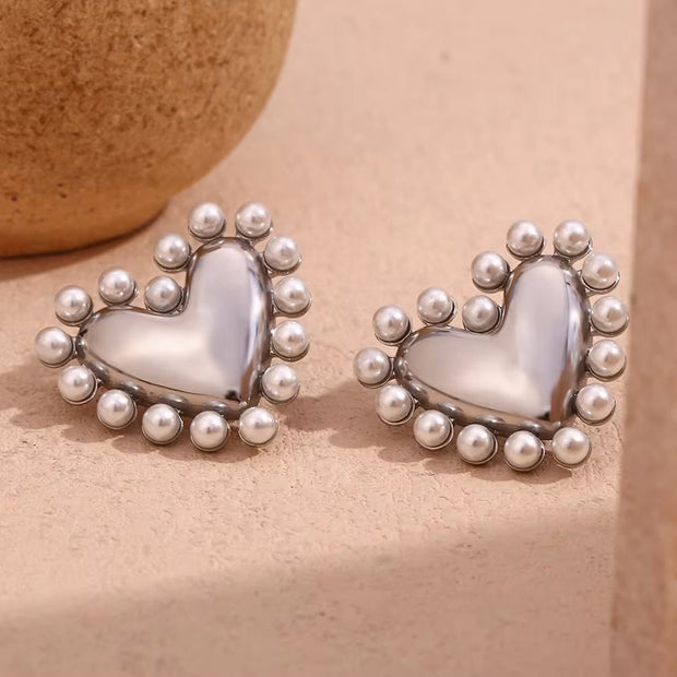 Gold Plated Jewelry Pearl Stud Earrings Heart Jewelry Gift for Women Stainless Steel Earrings