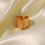 PVD 18K Gold Plated Stainless Steel Natural Rose Quartz Wide Opening Adjustable Rings Vintage Style