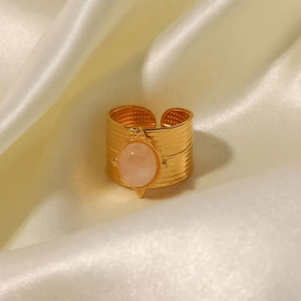 PVD 18K Gold Plated Stainless Steel Natural Rose Quartz Wide Opening Adjustable Rings Vintage Style