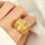 JEWELRY EH168-JZ15 French Vintage 18K Gold Plated Geometric Stripe Hollow Earrings Ring Openings Fashion Jewellery Set