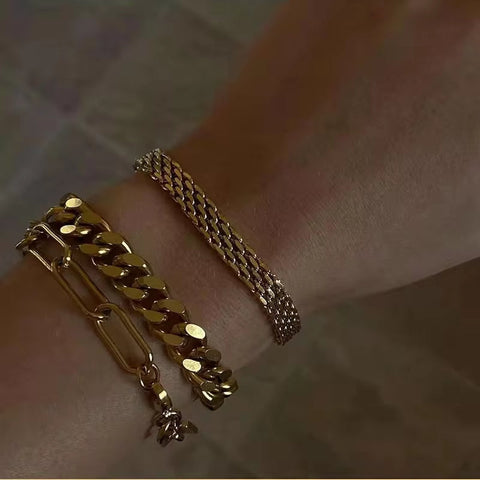 Retro Mesh Belt Titanium Gold Plated Wide Bracelet 18K Gold Plated Stainless Steel Link Chain Bracelet Cuban Chain Bracelets