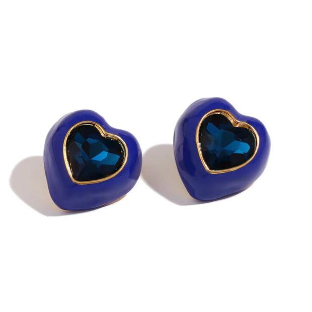 Spring Fashion Colorful Earrings Women Shining Heart Zircon Stud Earrings Gold Plated Stainless Steel Jewelry