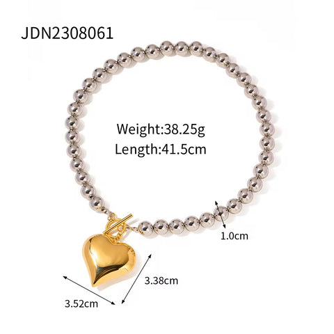 Waterproof 18K Gold Plated Stainless Steel round Bead Jewelry Gift T Bar Chunky Heart Love Necklace