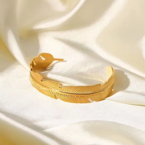 18K Gold Plated Wide Feather Design Palm Frond Stainless Steel Minimalism Opening Bangles