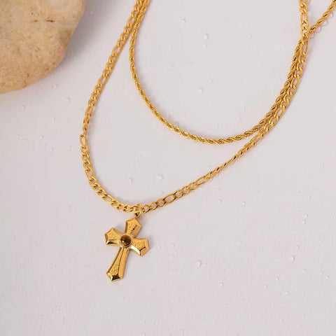 Custom Stainless Steel Link Necklaces Gold Plated Double Layer Cross Pendant Chain Necklace