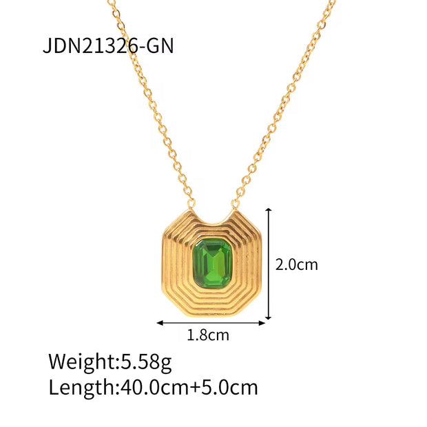 Vintage Stainless Steel White Zircon Necklace Pyramidal Shape Inlaid Green Zircon Necklace for Girls