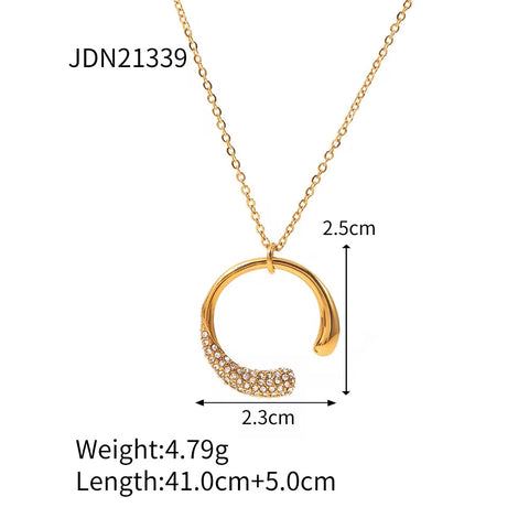 Minimalist Waterdrop Shape Stainless Steel Zircon Paved Circle C Ring Pendant Necklace for Women