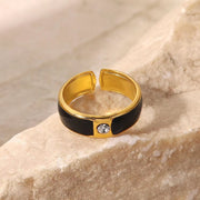 Black Enamel Opening Cubic Zirconia 18K Gold Plated Ring Bamboo Stainless Steel Rings for Women