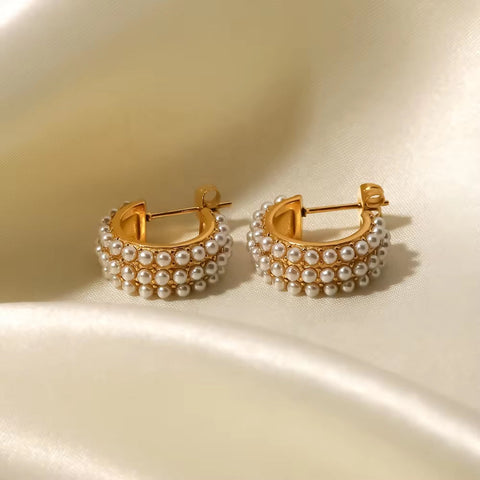 18K Gold Plated Stainless Steel C Shape White Pearl Three Layer Hoop Earrings Ins Fashion Jewelry