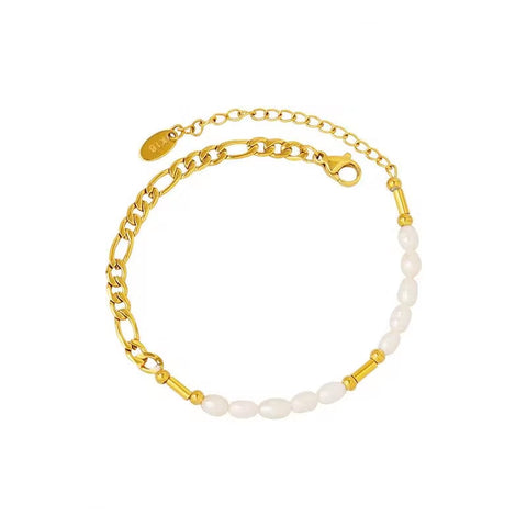 Stainless Steel Beaded Elegant Splicing 18K Gold Plated Pearl Figaro Chain Bracelet