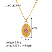 Trendy 18K Gold Plated Charm Necklace Stainless Steel Screw Zircon Paved Oval Sunburst Pendant Necklace