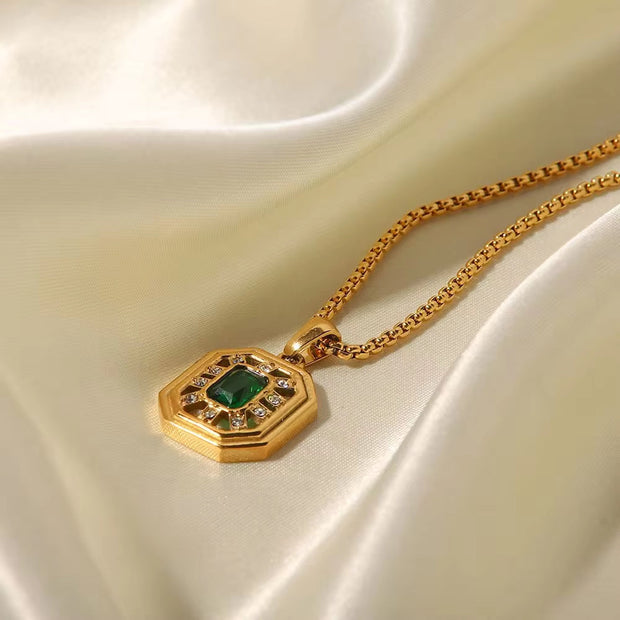 Vintage Jewelry 18K Gold Plated Box Chain Stainless Steel Hollow Green Zircon Pendant Necklace