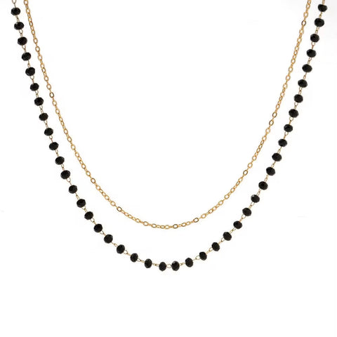 Bohemia Stainless Steel Black Beads Glass Stone Double Layer Bead Chain Necklace for Women