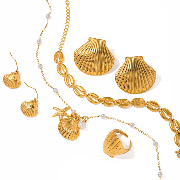 Unique Earrings 18K Gold Plated Stainless Steel Texture Scallop Shell Shape Necklace and Earring Set